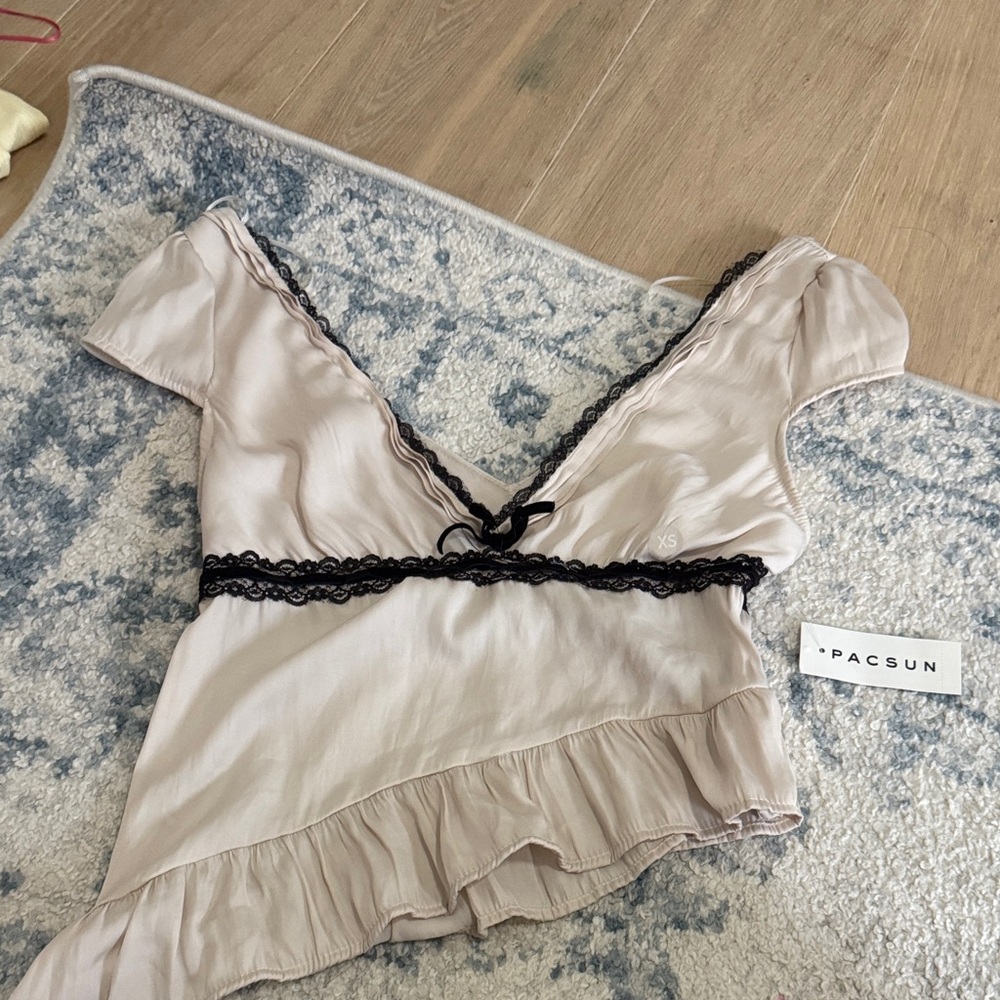PacSun Cream Blouse with Black Lace Detail